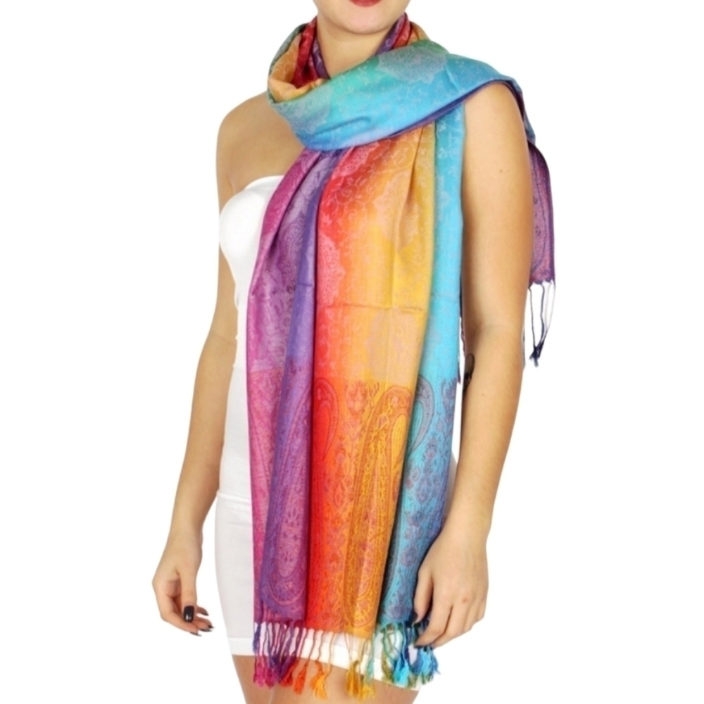 Pashmina Rainbow Floral Print Fringed Scarf/Wrap - OS